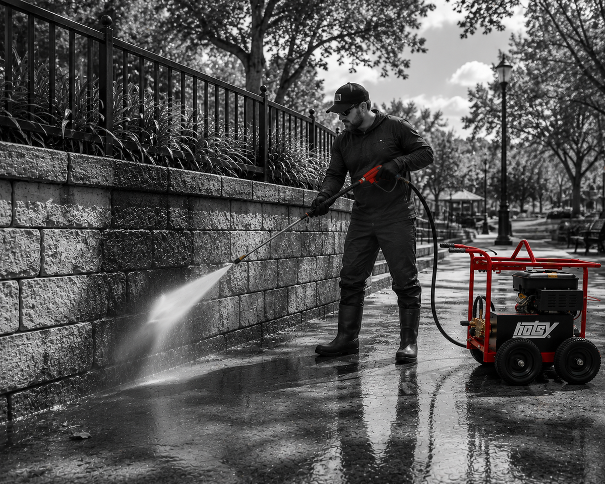 Man Using HOTSY Portable Cart Pressure Washer to Clean a Park