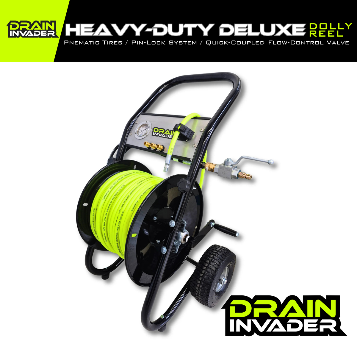 Drain Invader Heavy-Duty Deluxe Dolly-Mounted Jetter Hose Reel with Hose