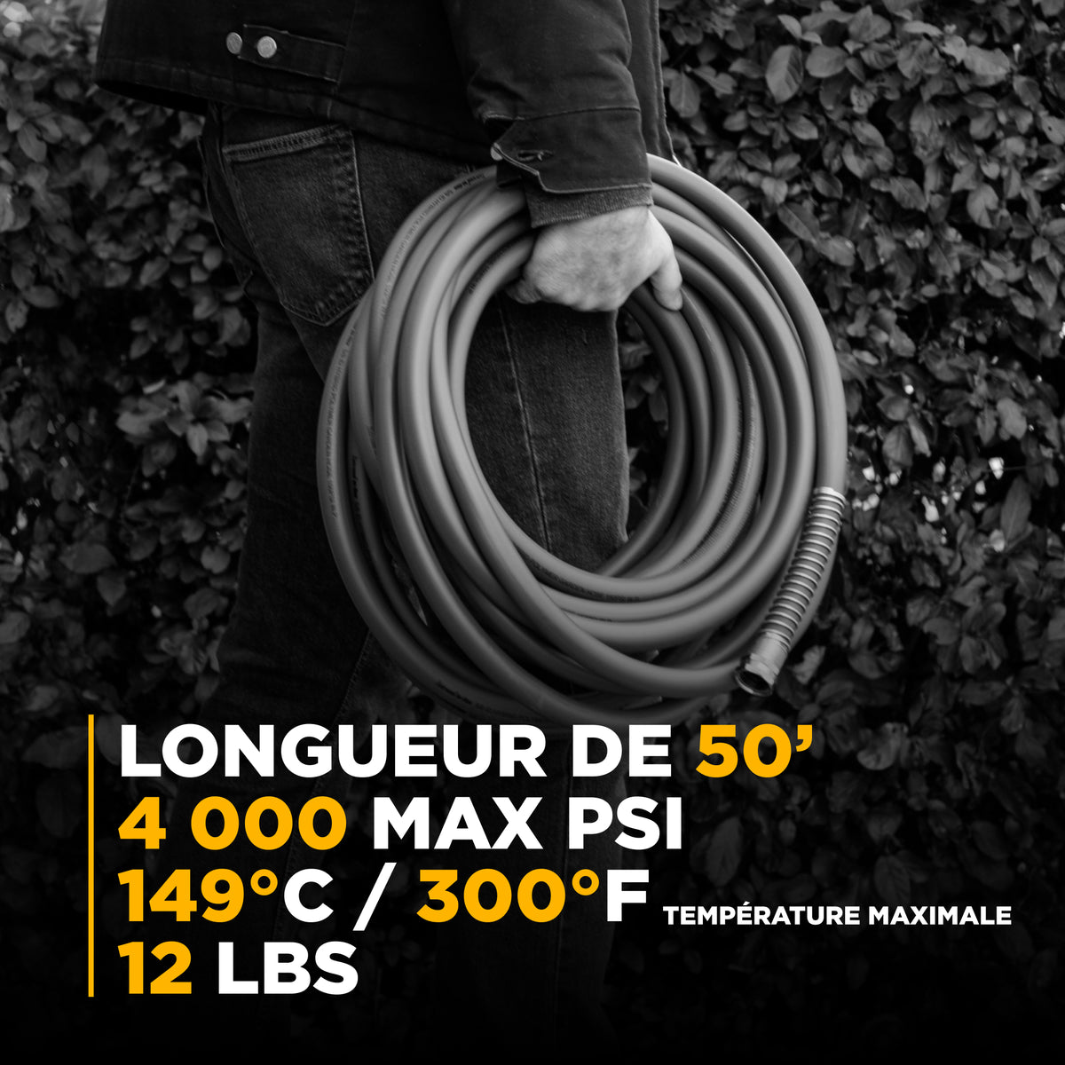 Pressure Washer 50 ft x 3/8 - inch 4500 PSI Grey Non-Marking Hose with Quick Connect