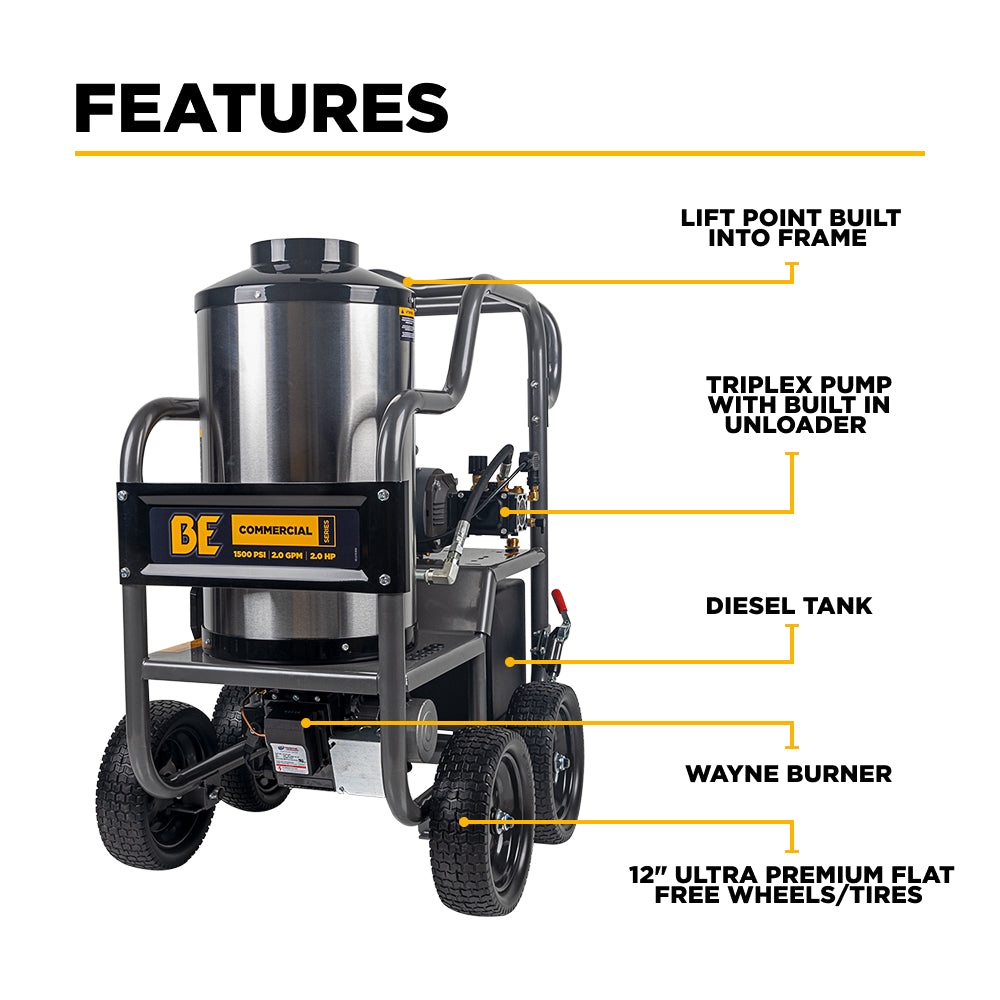 1500 PSI 2.0 GPM Electric Direct Drive Diesel Fired Hot Water Pressure Washer with Triplex Pump