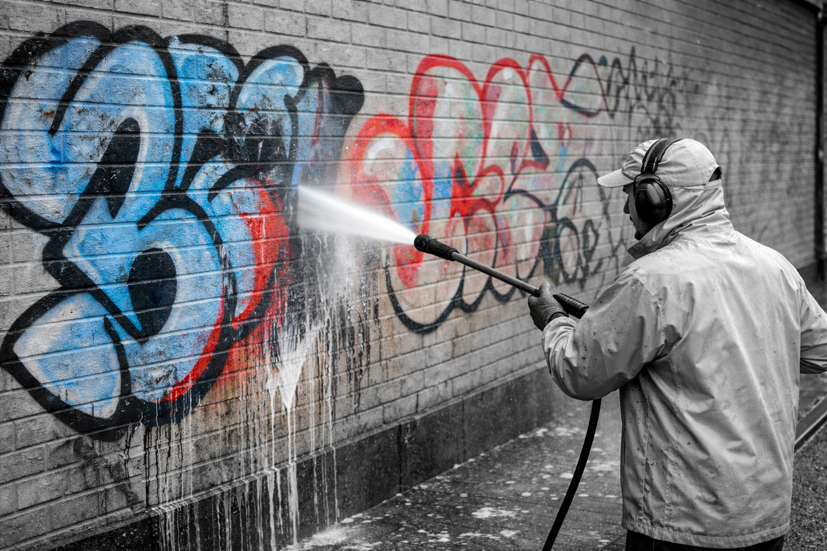Man using pressure washer to remove graffiti from side of building