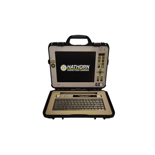 Hathorn H7+ monitor and reels for sewer inspection, featuring a bright daylight readable 12-inch LCD screen, housed in a black carrying case.