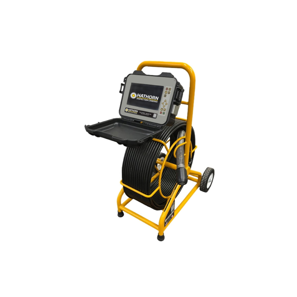 A Hathorn H7 sewer inspection camera with a 7-inch monitor, on a yellow and black cart with wheels, featuring a spool of cable and a camera head.