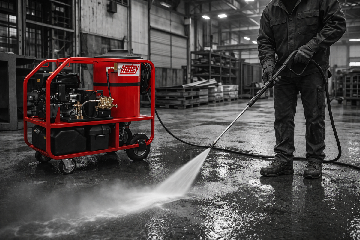 Man Cleaning Concrete with HOTSY Portable Hot Water Pressure Washer