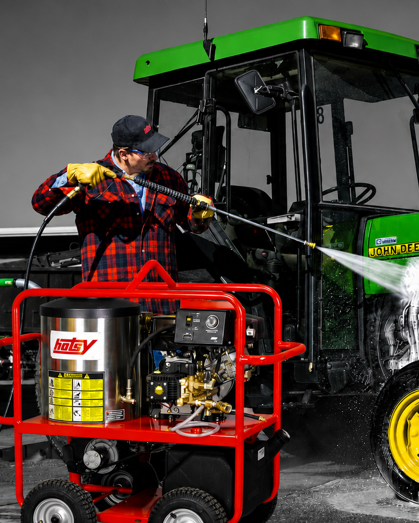 Man Cleaning Tractor with HOTSY Portable Hot Water Pressure Washer