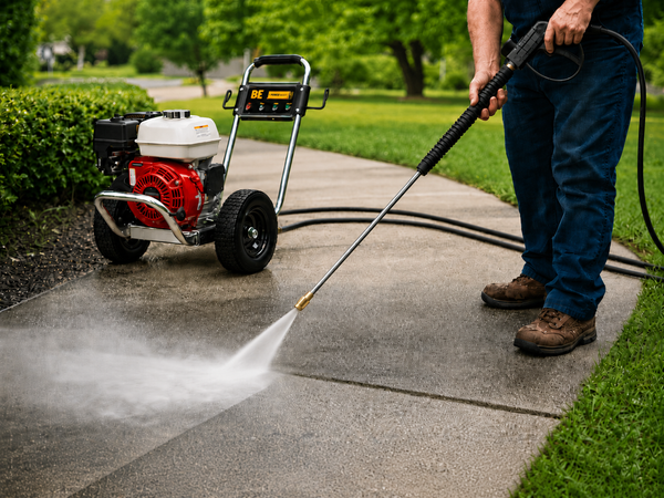Man Cleaning Walkway with BE Cold Water Pressure Washer