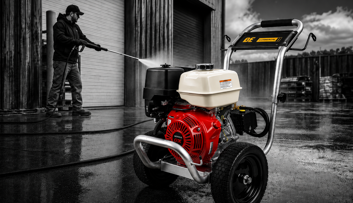 Man Operating BE Cold Water Pressure Washer