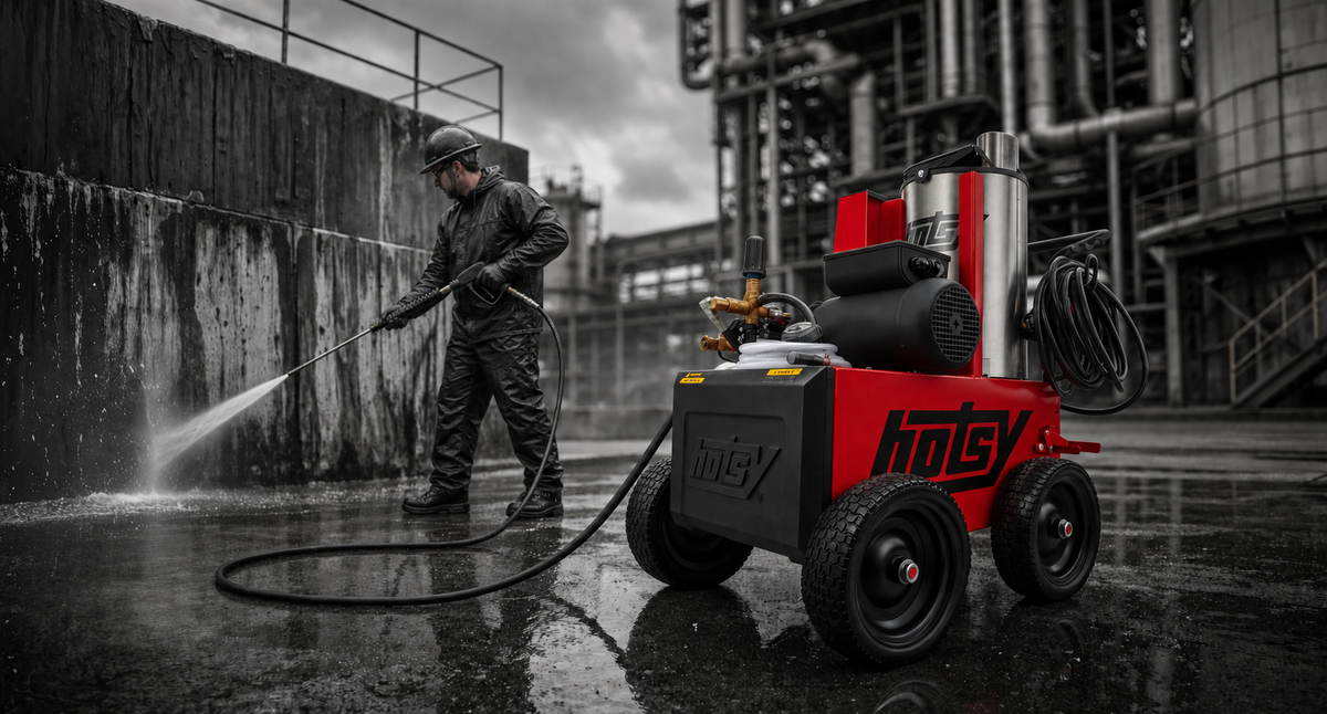 Person using a red HOTSY 500 Series pressure washer in an industrial setting