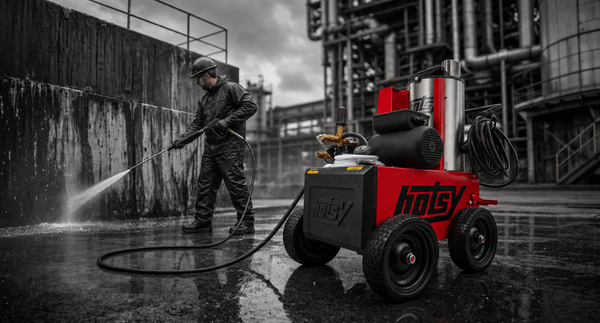 Person using a red HOTSY 500 Series pressure washer in an industrial setting