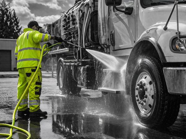 Person in high-visibility clothing pressure washing a truck