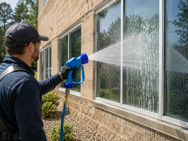 Person cleaning a building's windows with a blue soft wash gun