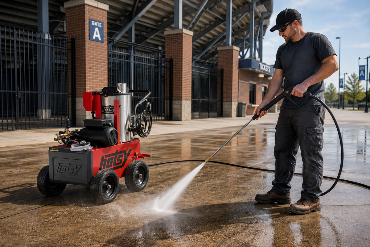 Man Using HOTSY Pressure Washer Outside Stadium