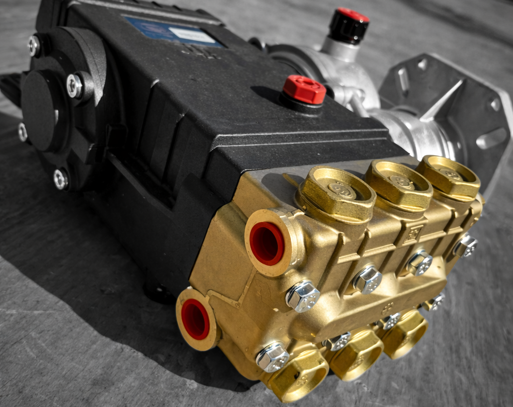 A close-up of a high-pressure water pump assembly with a black plastic body, brass metal fittings, and red caps, set against a dark gray background.