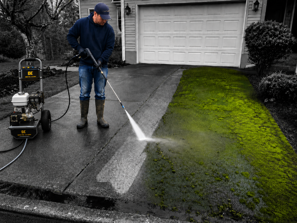 Man Using Cold Water Pressure Washer To Remove Moss in Driveway