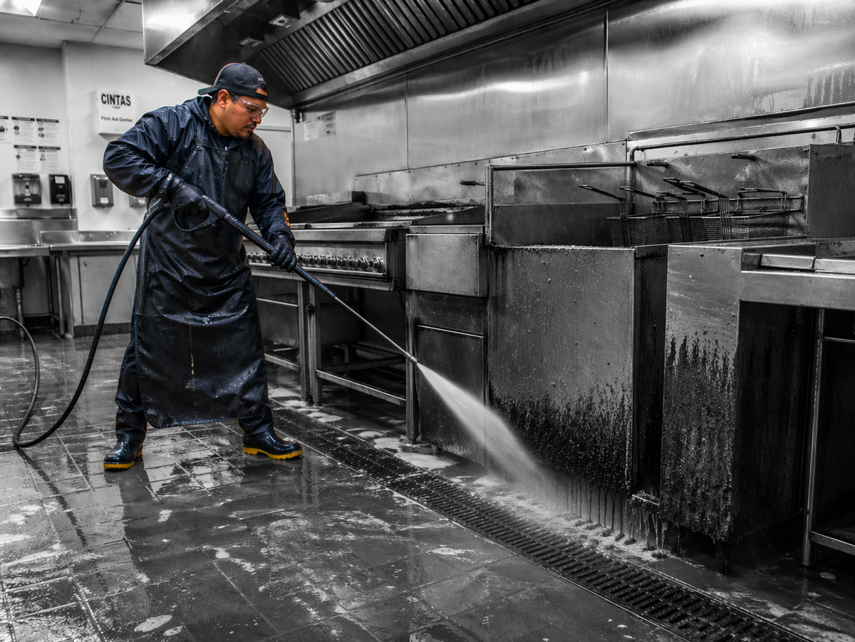 Man using a pressure washer to wash out kitchen grease. 
