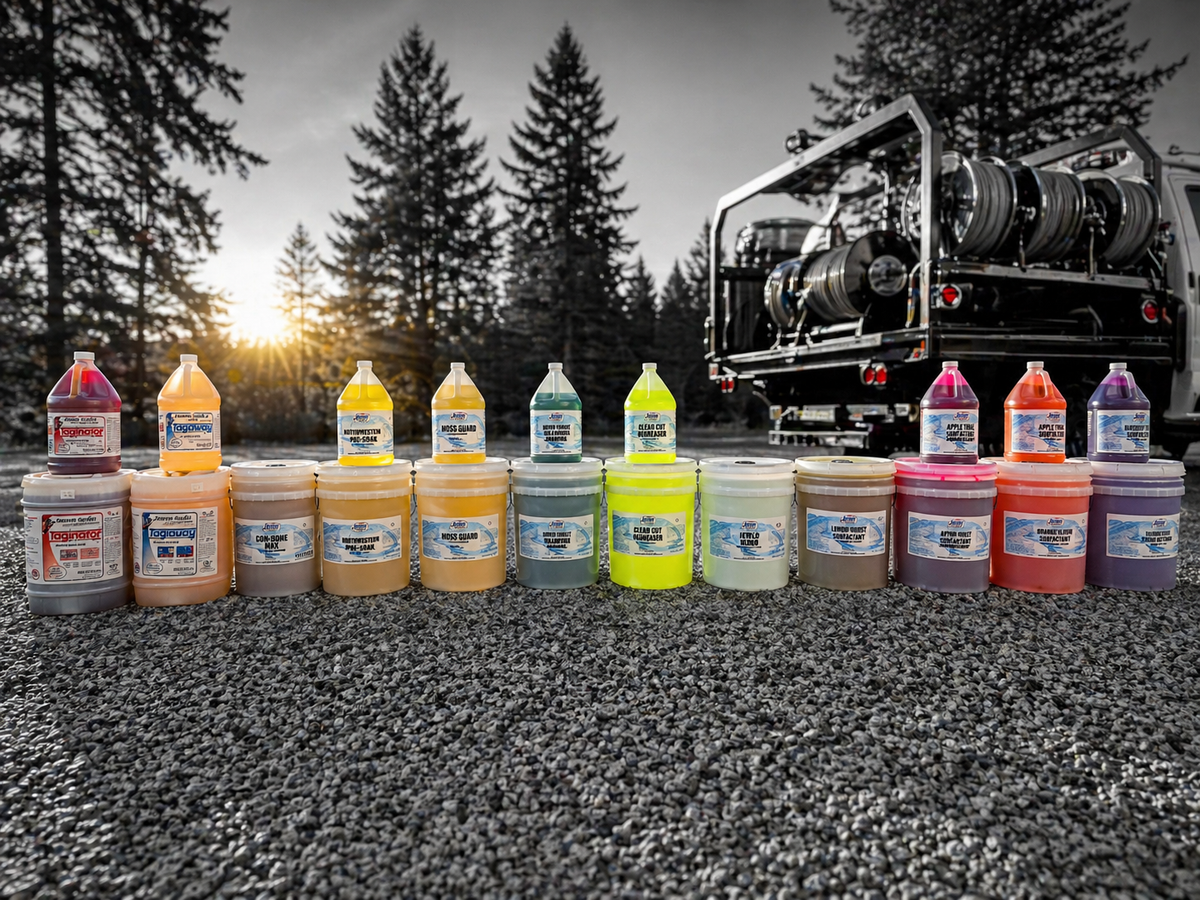 Lineup of pressure washing and soft washing cleaning soaps and detergents. 