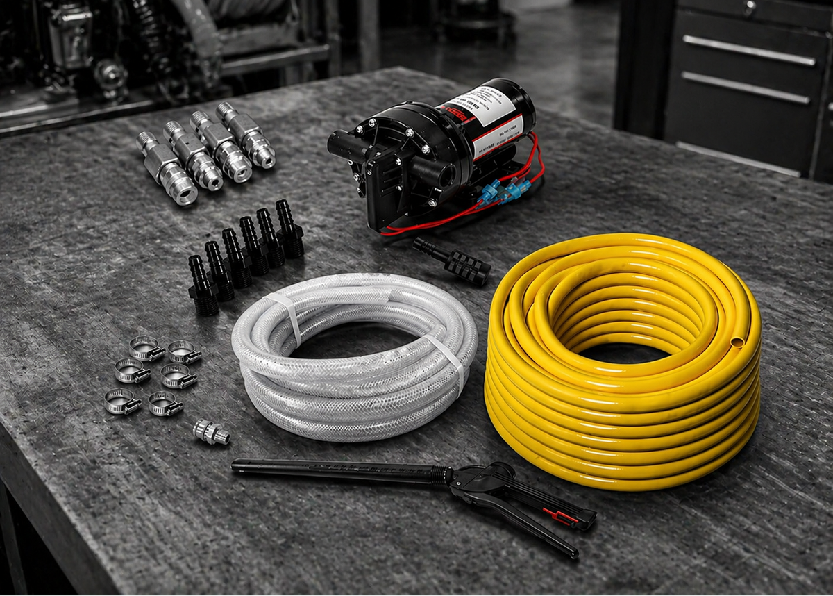 Black and White Color Pop Image of Components and Parts for Soft Wash Systems