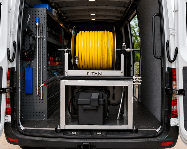 Soft Wash System with Titan Reel Mounted into the Back of a Service Van
