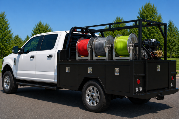White soft washing truck with a black toolbox and hose reels on a clear day.