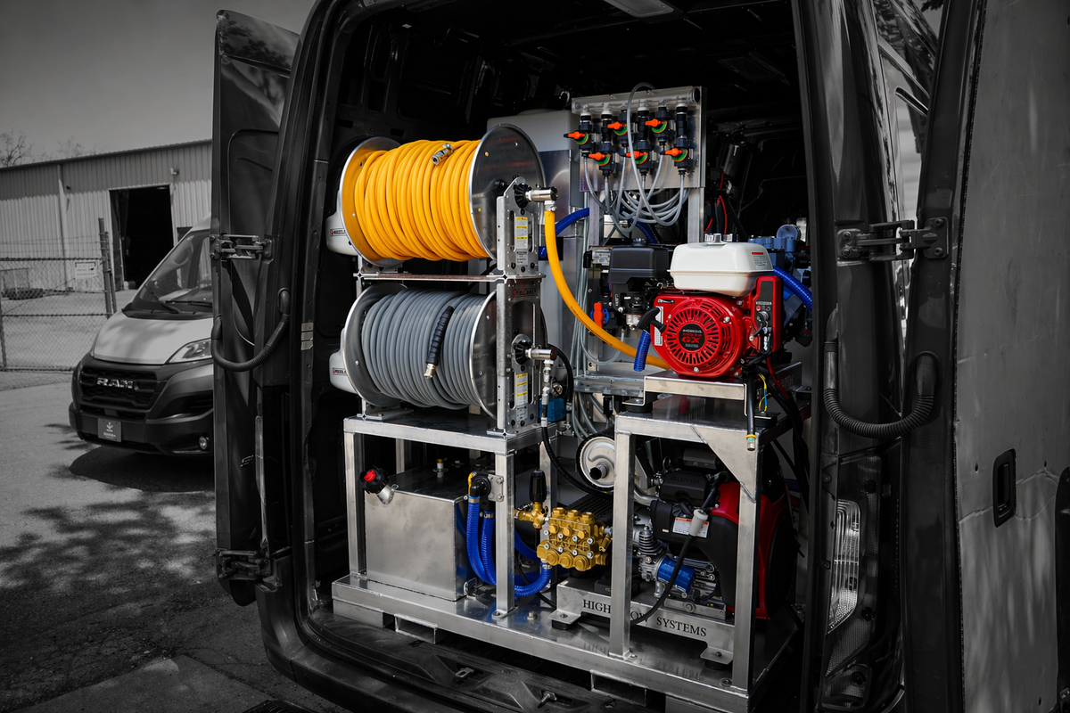 Skid mounted to the back of a van with a mobile soft wash system