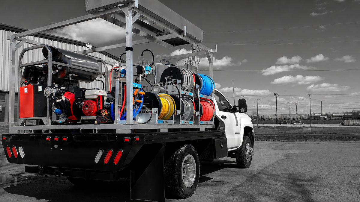 Truck with soft wash equipment skid on a road under a clear sky
