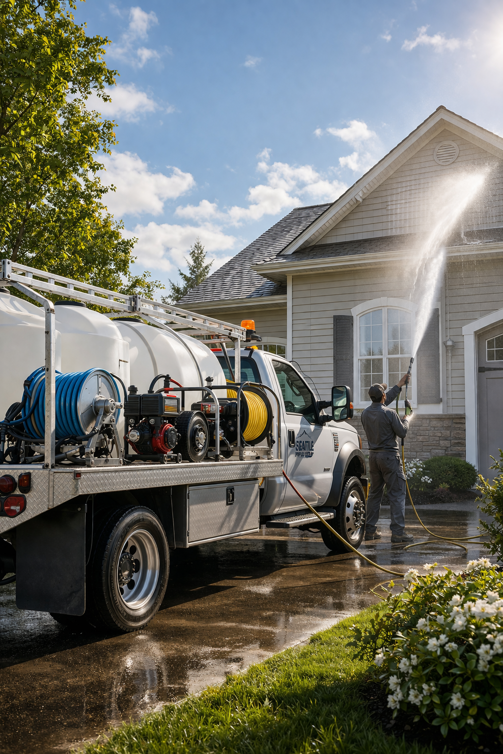 Person using a soft wash system in front of a house with a truck parked nearby.