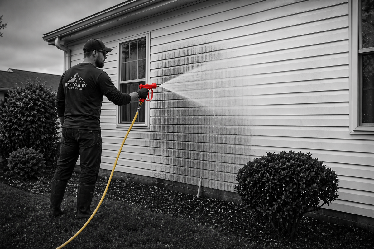 Man Using a Red Soft Wash Gun to Soft Wash the Side of a House