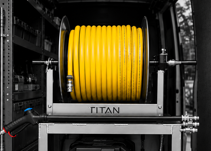 Yellow Titan soft washing hose reel mounted to a soft wash system in the back of a service van.
