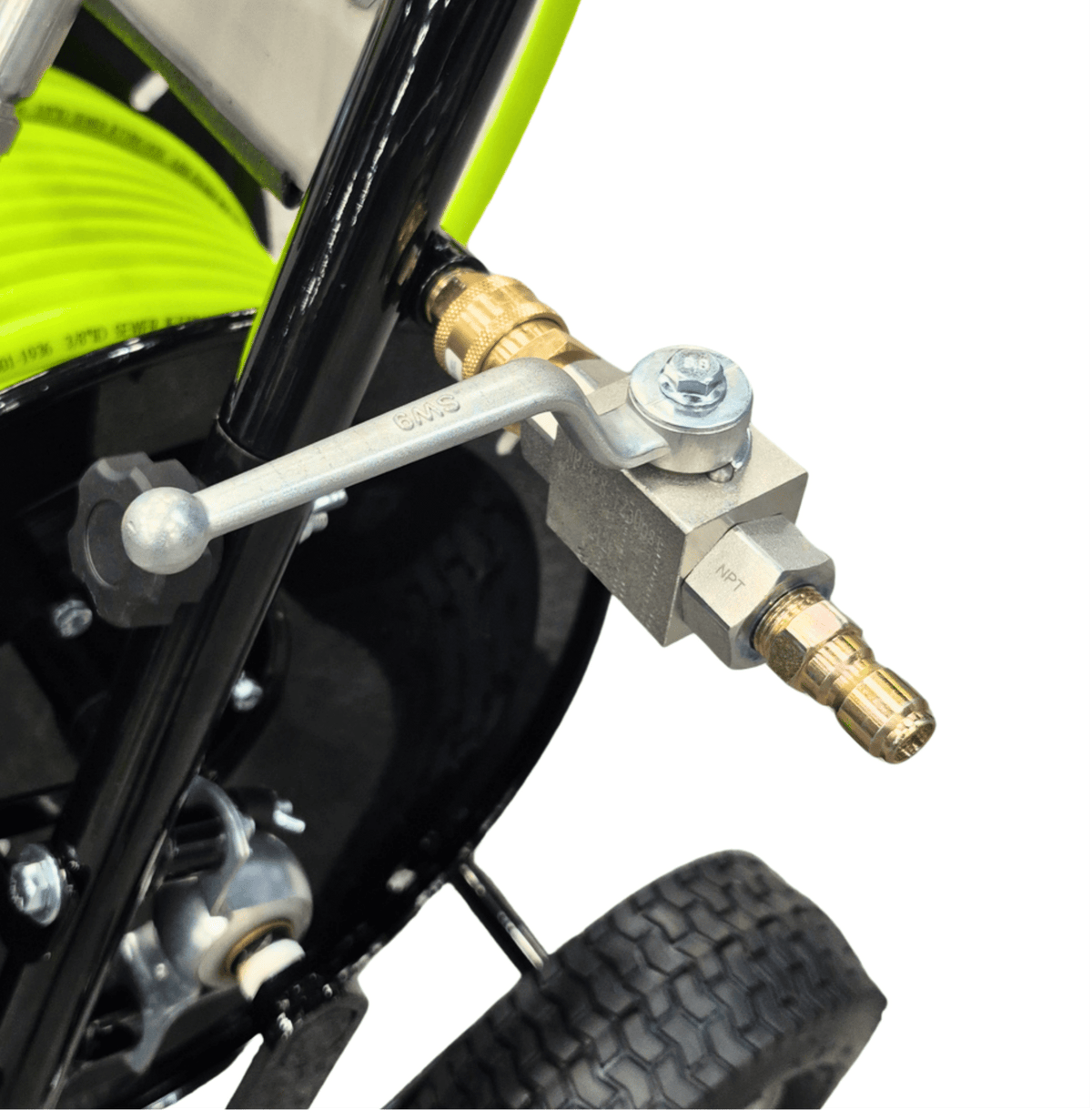 Valve on Drain Invader Heavy Duty Deluxe Folly-Mounted Hose Reel with Neon Green Jetting Hose