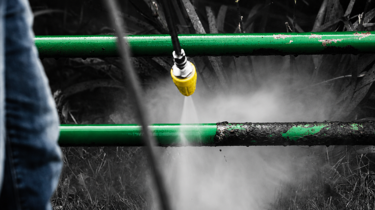 Man Using Yellow Aqua Rocket Turbo Nozzle to Clean Dirt Off Fence